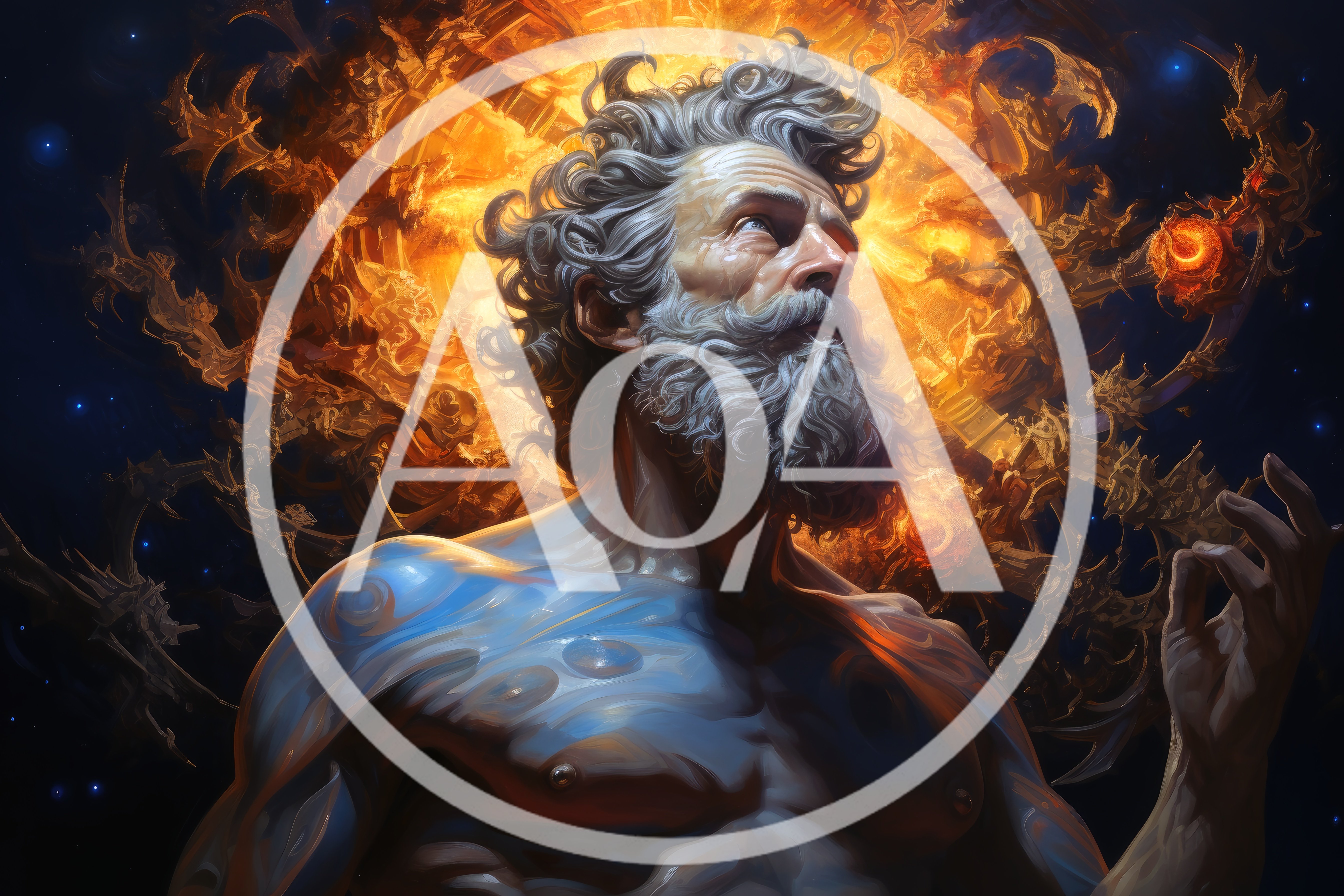 Ethereal Bearded Deity Amidst Cosmic Fire