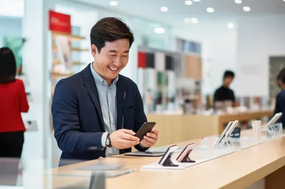 Asian Man Smiling While Testing Smartphone in Electronics Store
