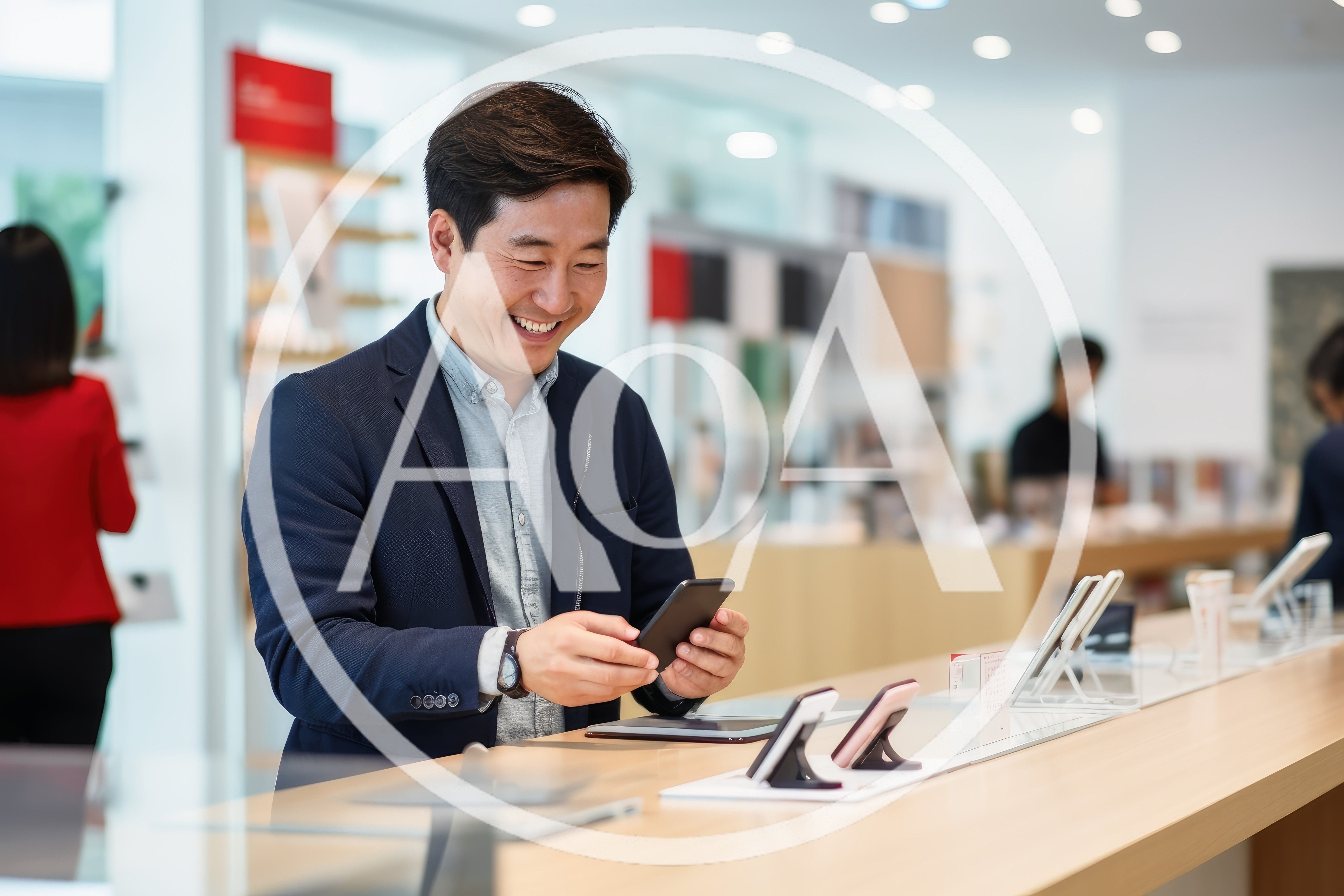 Asian Man Smiling While Testing Smartphone in Electronics Store