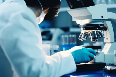 Scientist Examining Samples Under A Laboratory Microscope