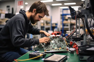 Technician Repairing Electronic Circuit Board In Laboratory