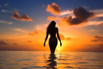 Silhouette Of A Woman Walking In The Ocean At Sunset