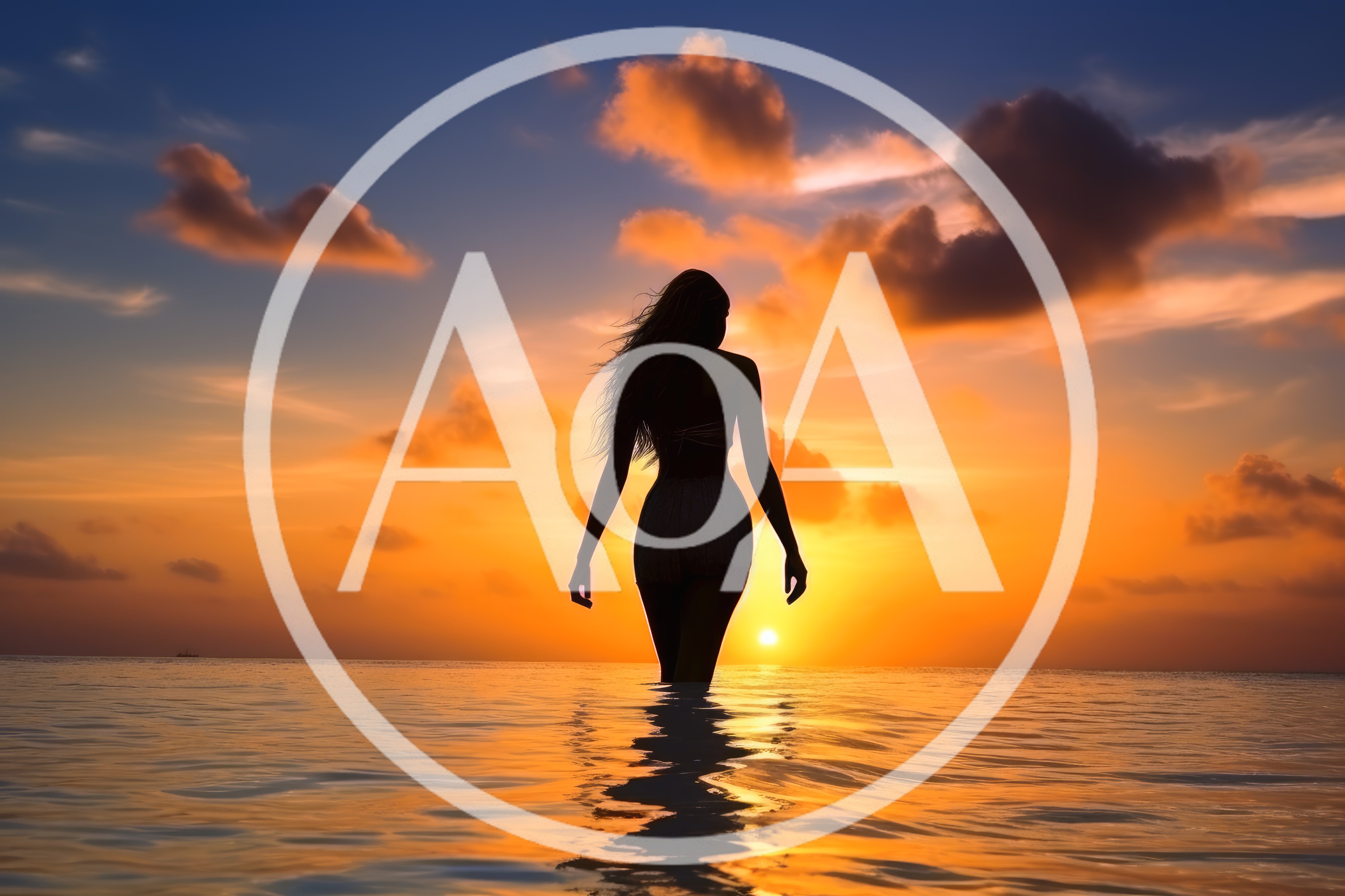 Silhouette Of A Woman Walking In The Ocean At Sunset