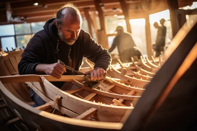 Skilled Craftsman Building A Wooden Boat In Workshop