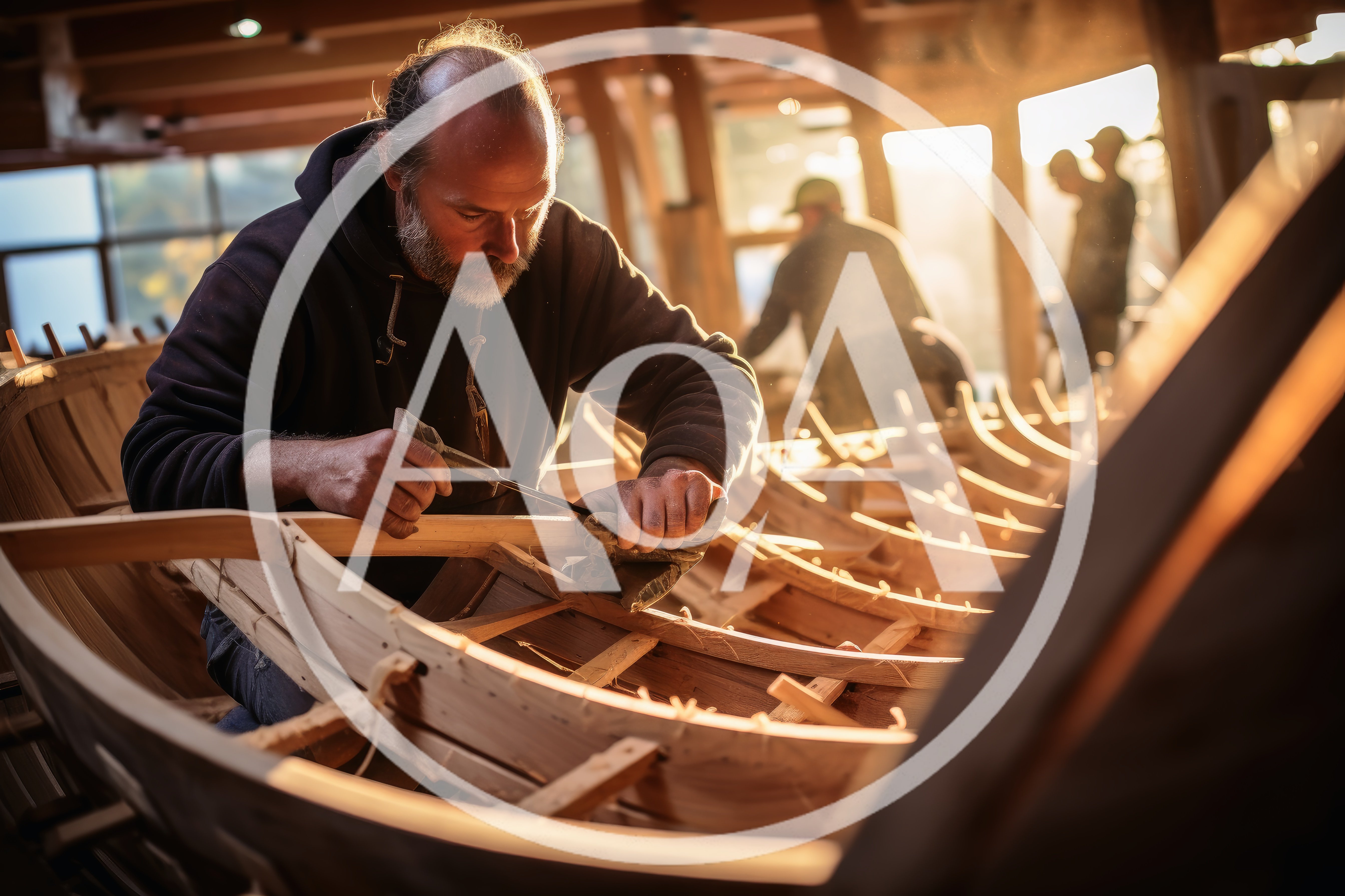 Skilled Craftsman Building A Wooden Boat In Workshop