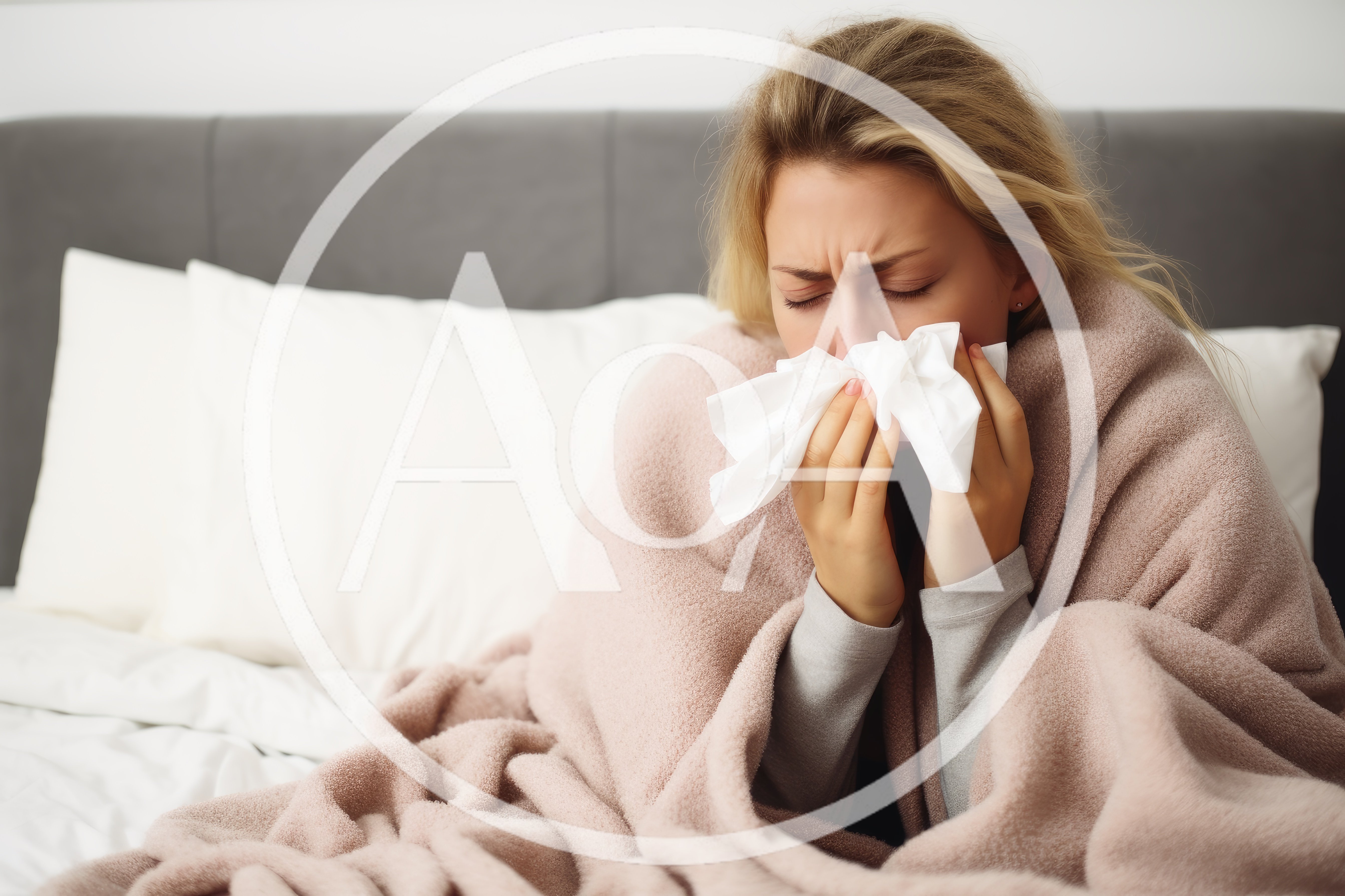 Sick Woman Blowing Nose In Bed