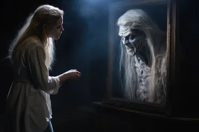 Young Woman Confronting A Terrifying Ghost In A Mirror