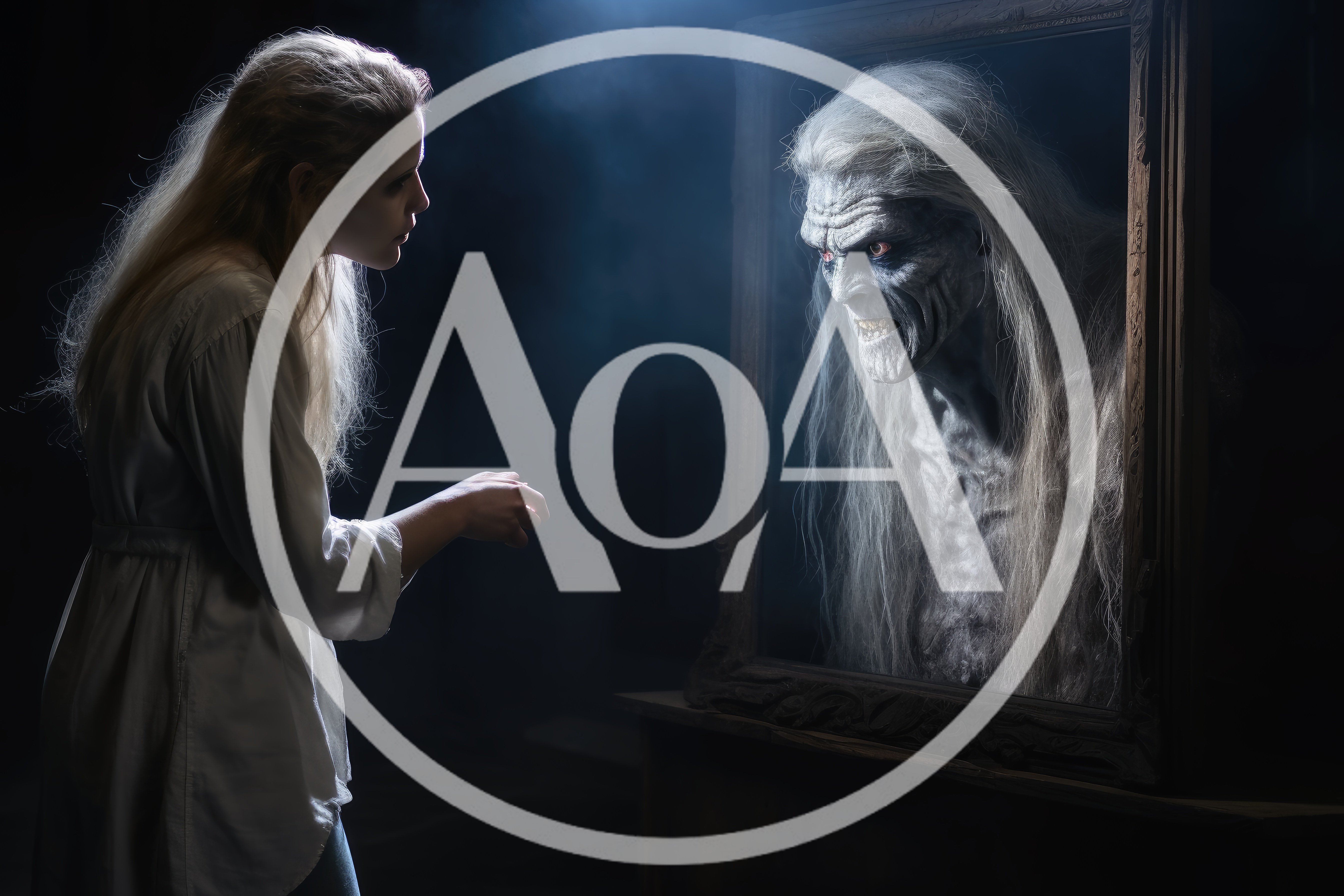Young Woman Confronting A Terrifying Ghost In A Mirror