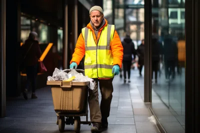 Street Cleaner Pushing Waste Cart In Urban Corridor