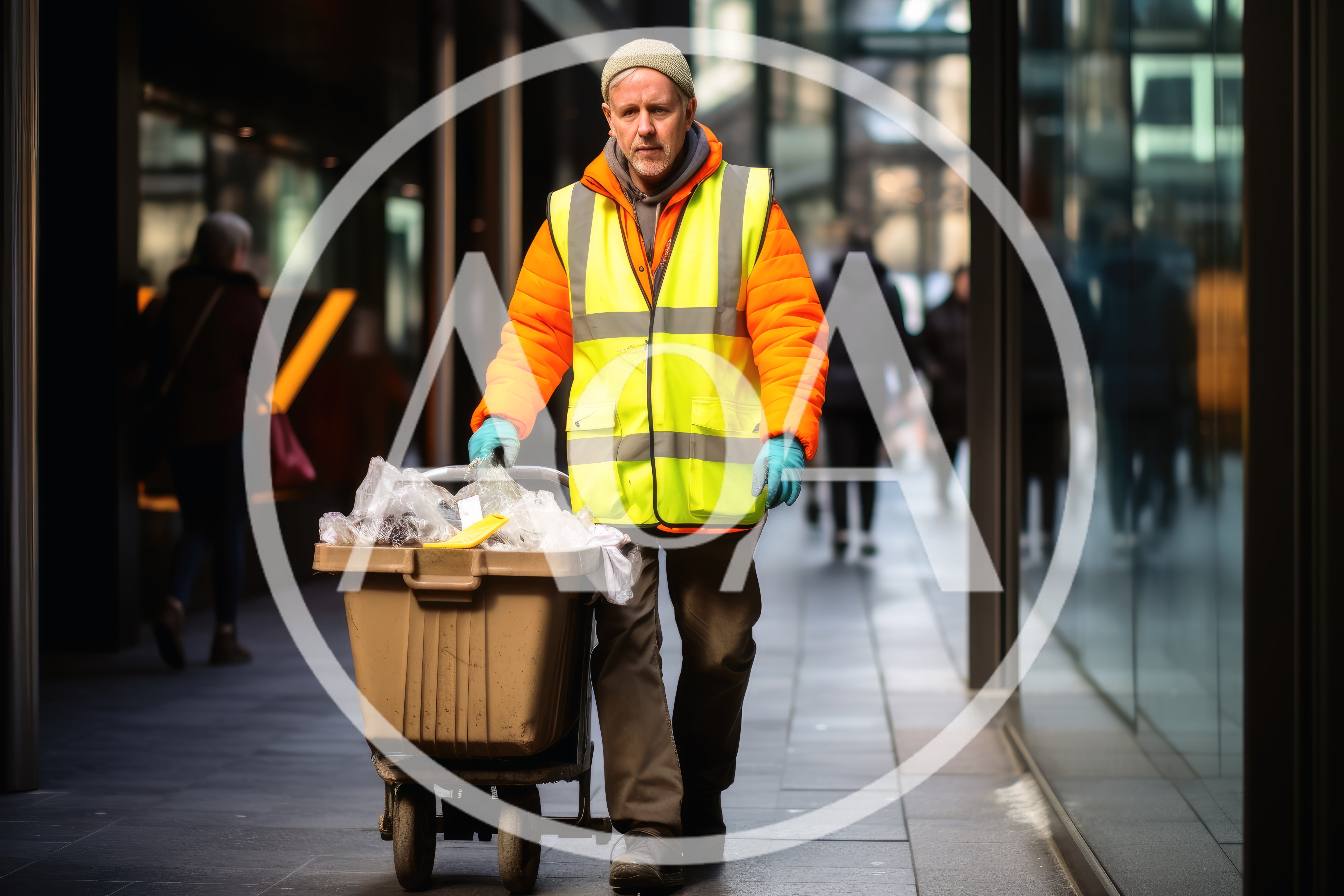 Street Cleaner Pushing Waste Cart In Urban Corridor