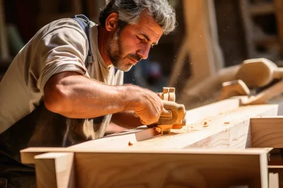 Professional Carpenter Planing A Wooden Beam In Workshop