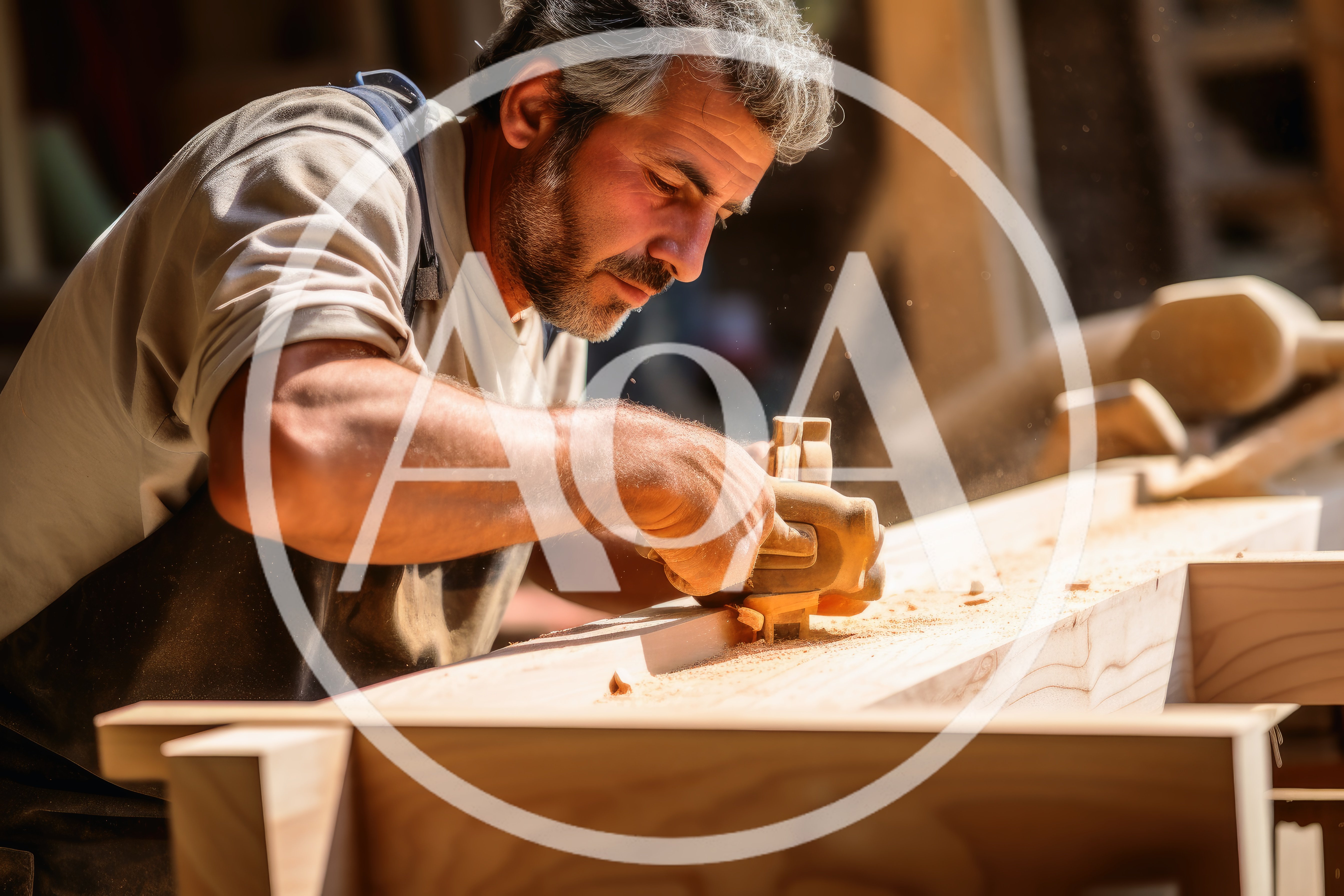Professional Carpenter Planing A Wooden Beam In Workshop