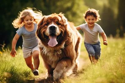 Two Children Running With A Large Dog Outdoors