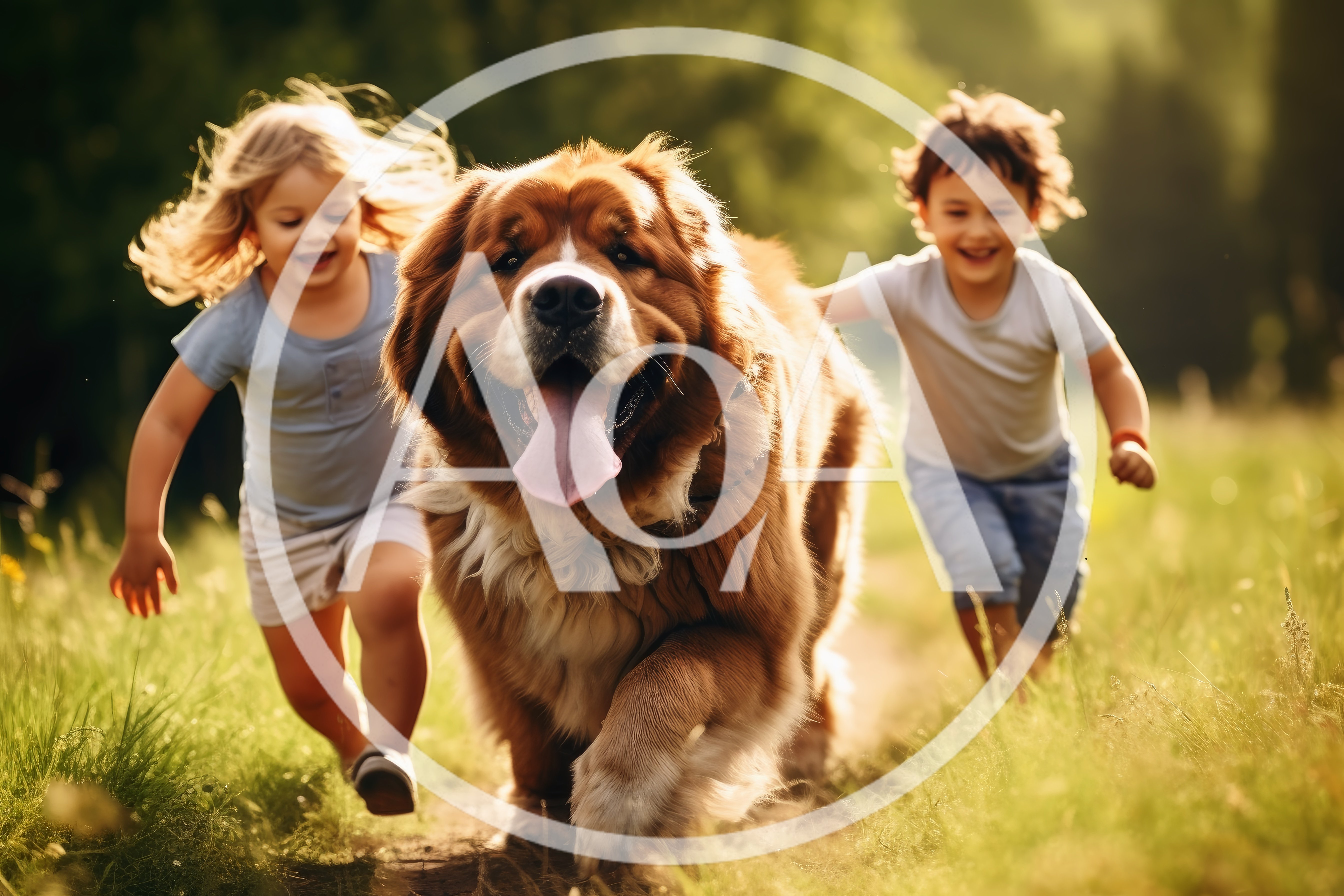 Two Children Running With A Large Dog Outdoors