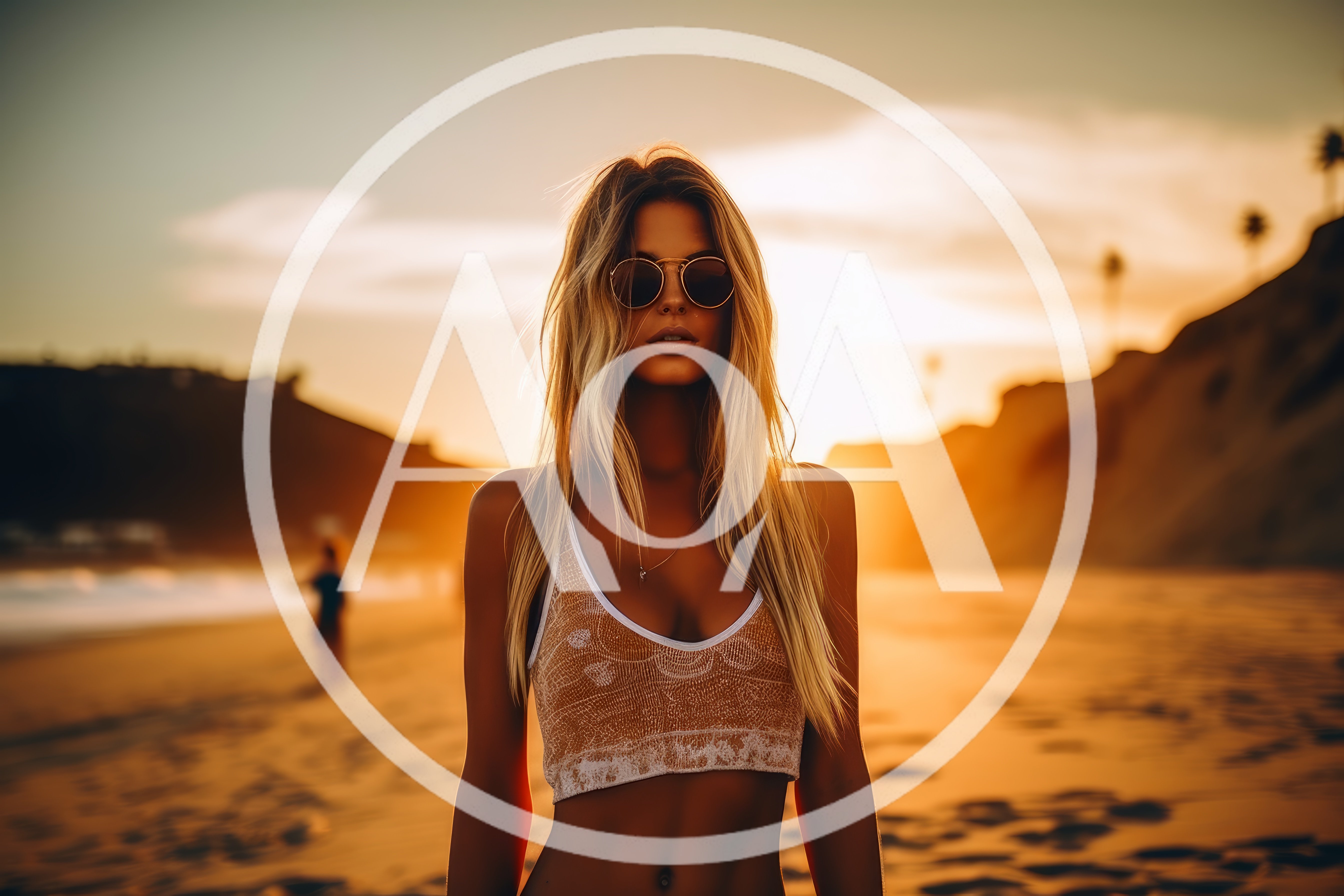 Blonde Woman Standing On Beach At Sunset