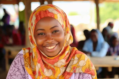 Smiling Young African Woman Wearing A Colorful Hijab