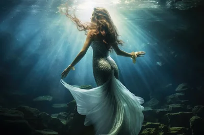 Ethereal Mermaid Swimming Underwater In Sunlit Ocean