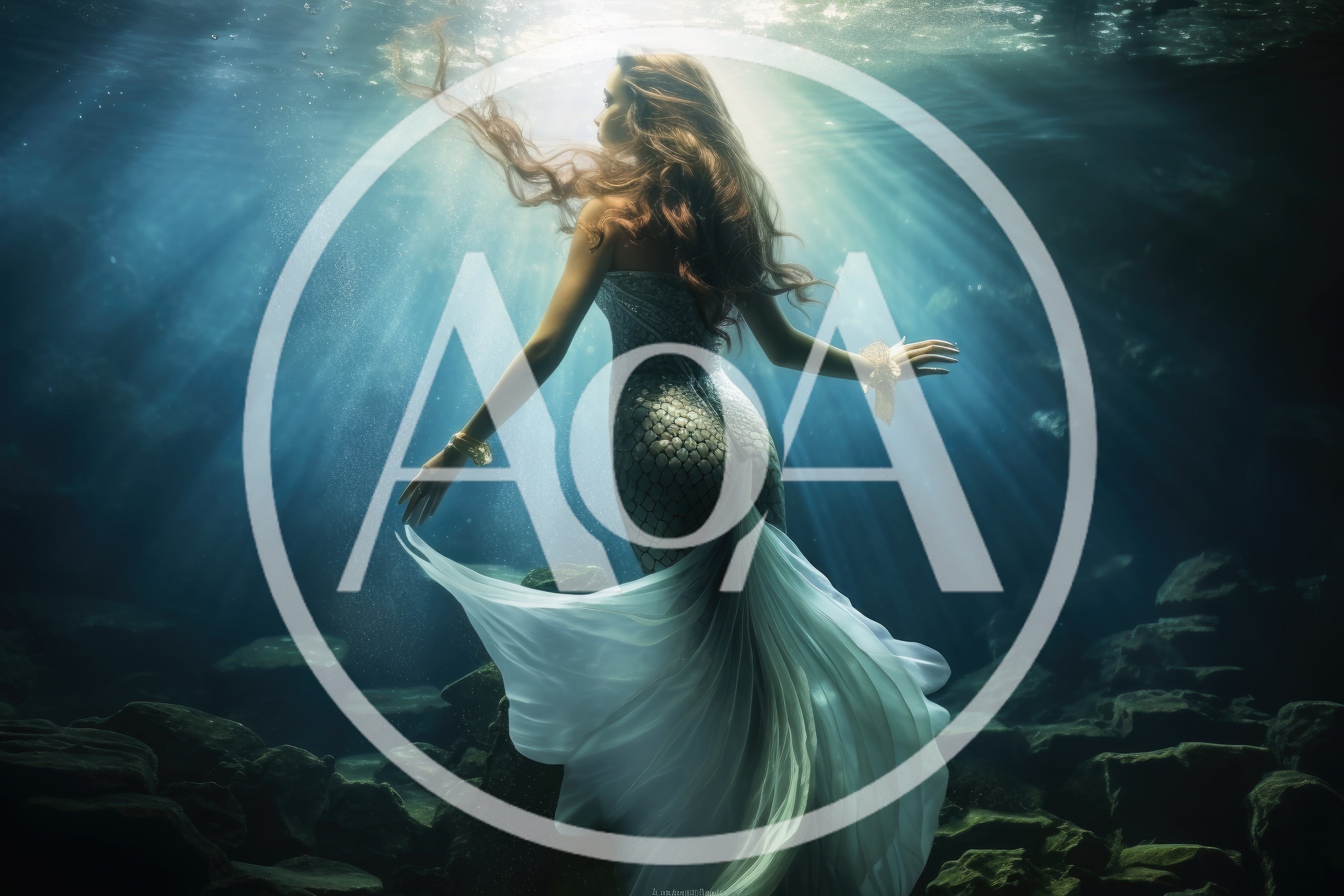 Ethereal Mermaid Swimming Underwater In Sunlit Ocean