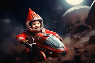 Happy Toddler Astronaut Driving Red Space Rover