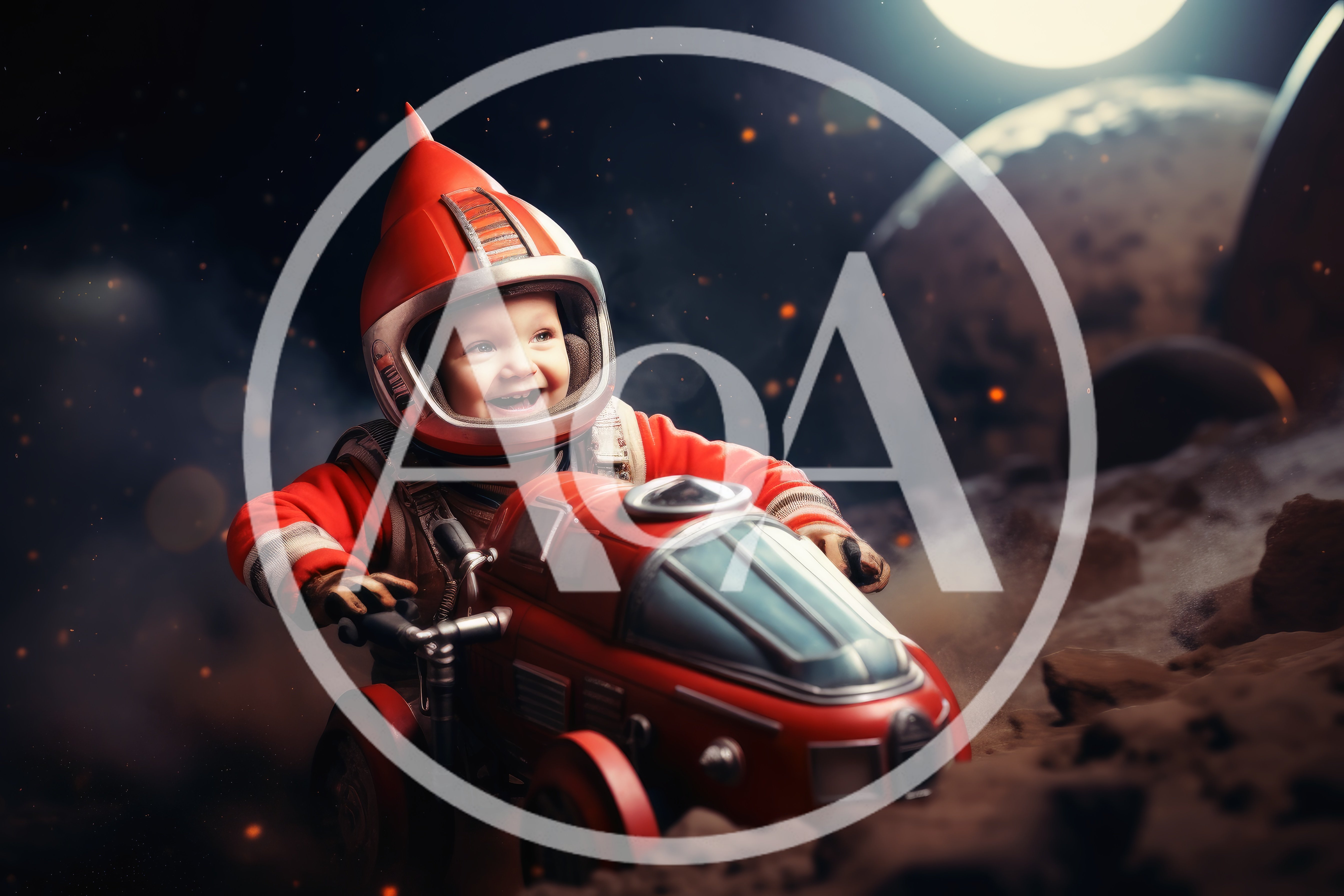 Happy Toddler Astronaut Driving Red Space Rover
