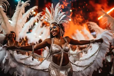 Carnival Dancer Performing In Elaborate White Feather Costume