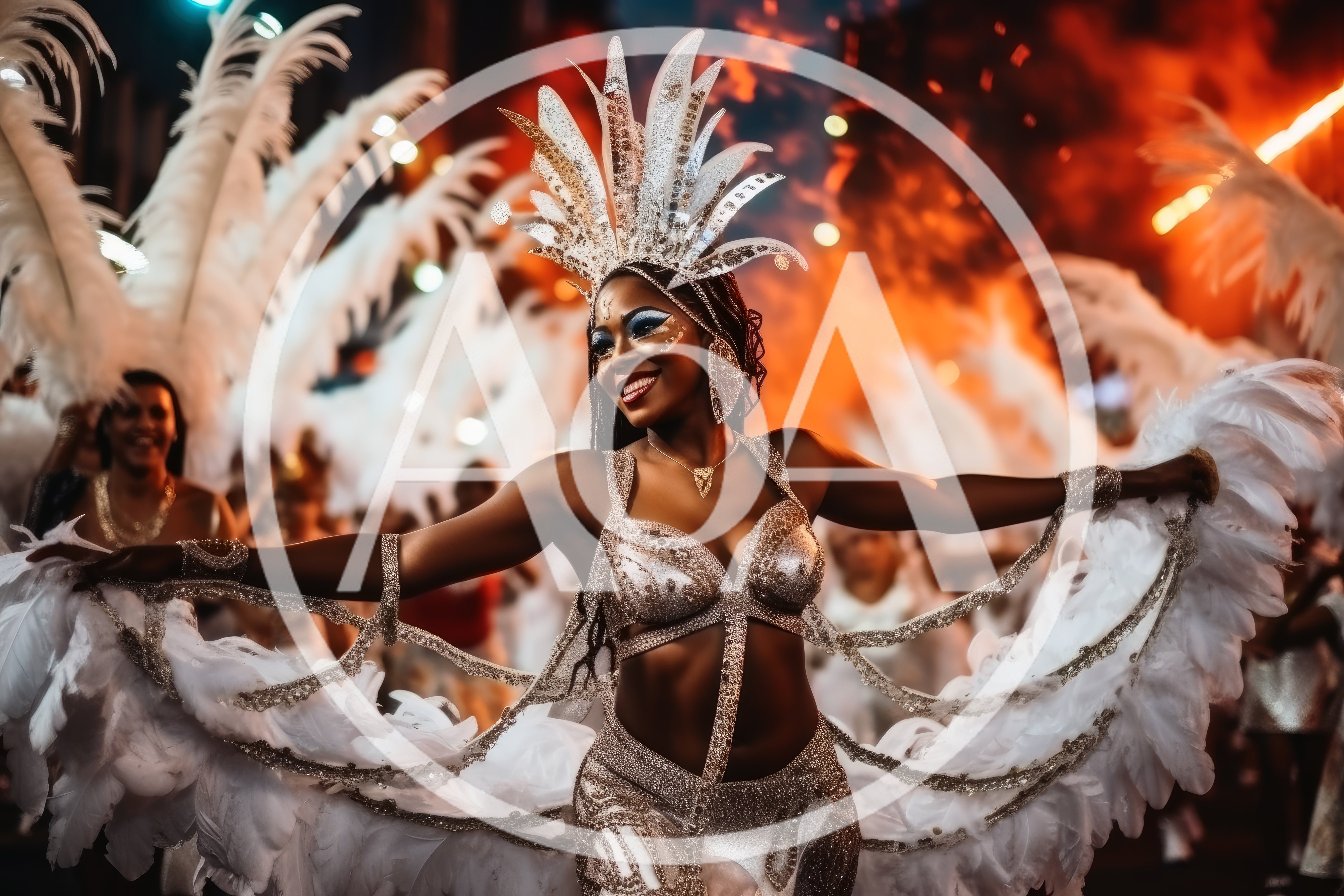 Carnival Dancer Performing In Elaborate White Feather Costume
