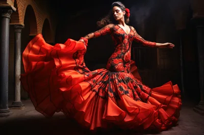 Flamenco Dancer Performing In Traditional Red Floral Dress