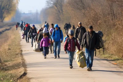 Group Of Refugees Walking Along A Rural Road