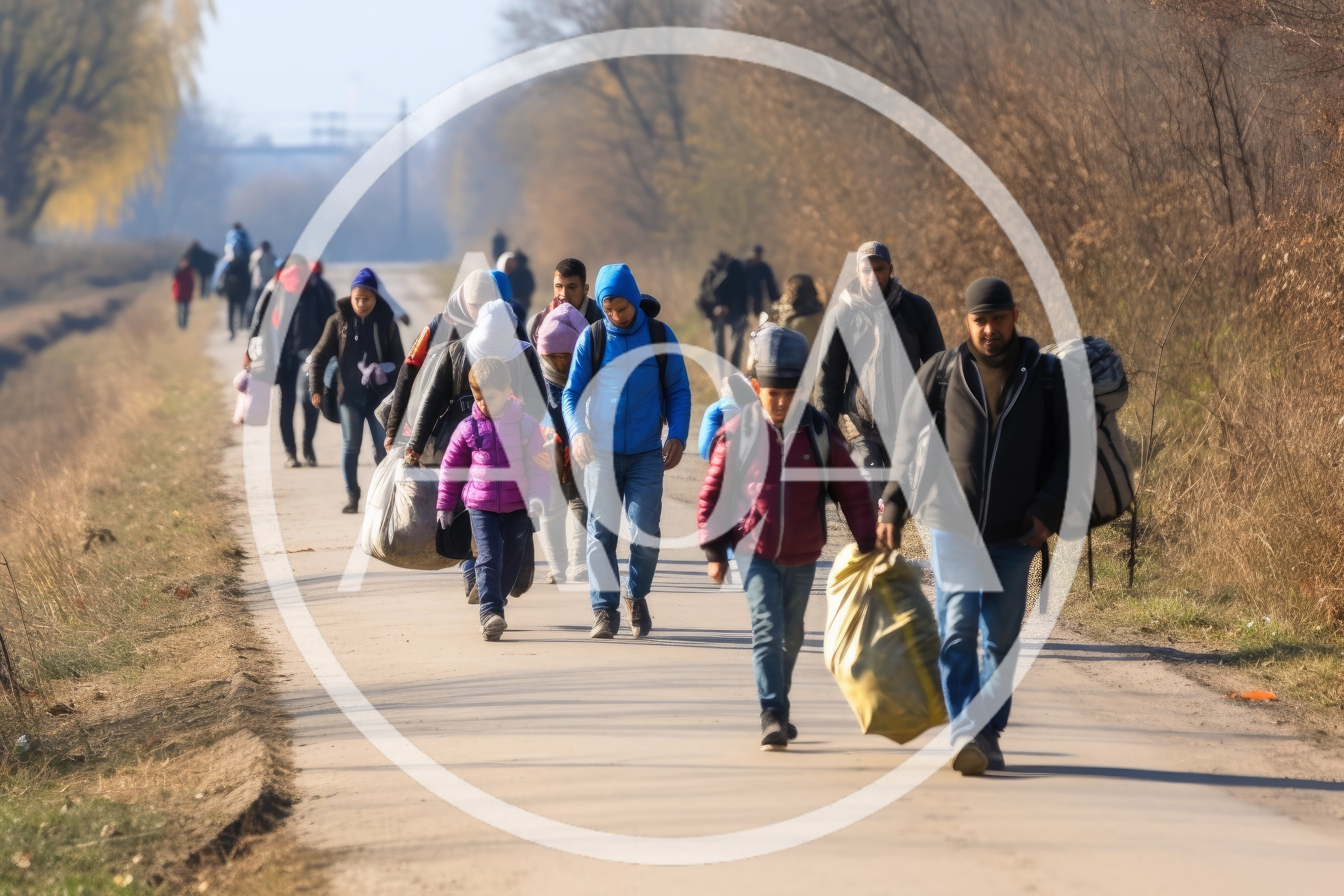 Group Of Refugees Walking Along A Rural Road