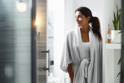 Woman In Bathrobe Standing In Modern Bathroom