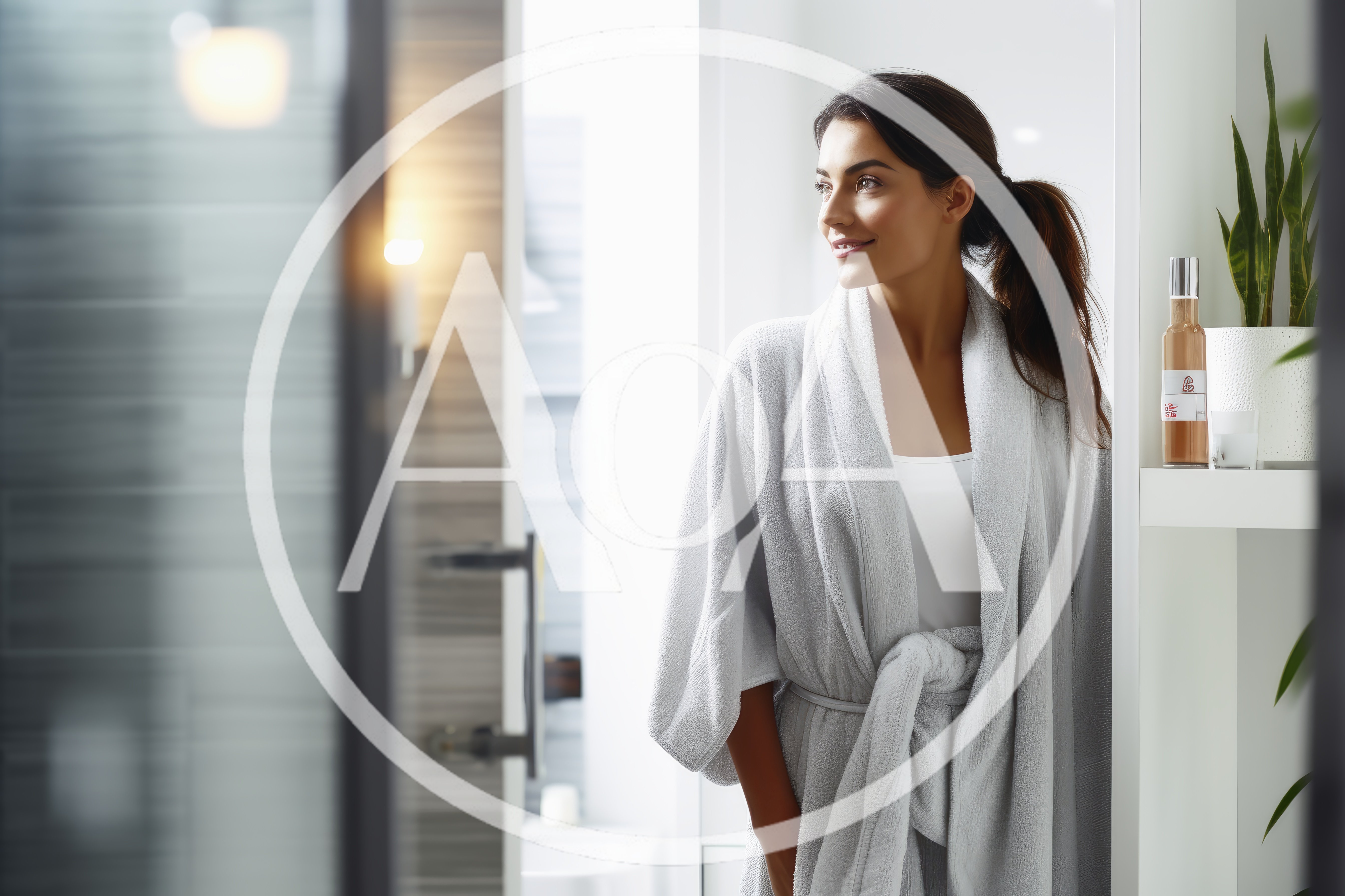 Woman In Bathrobe Standing In Modern Bathroom
