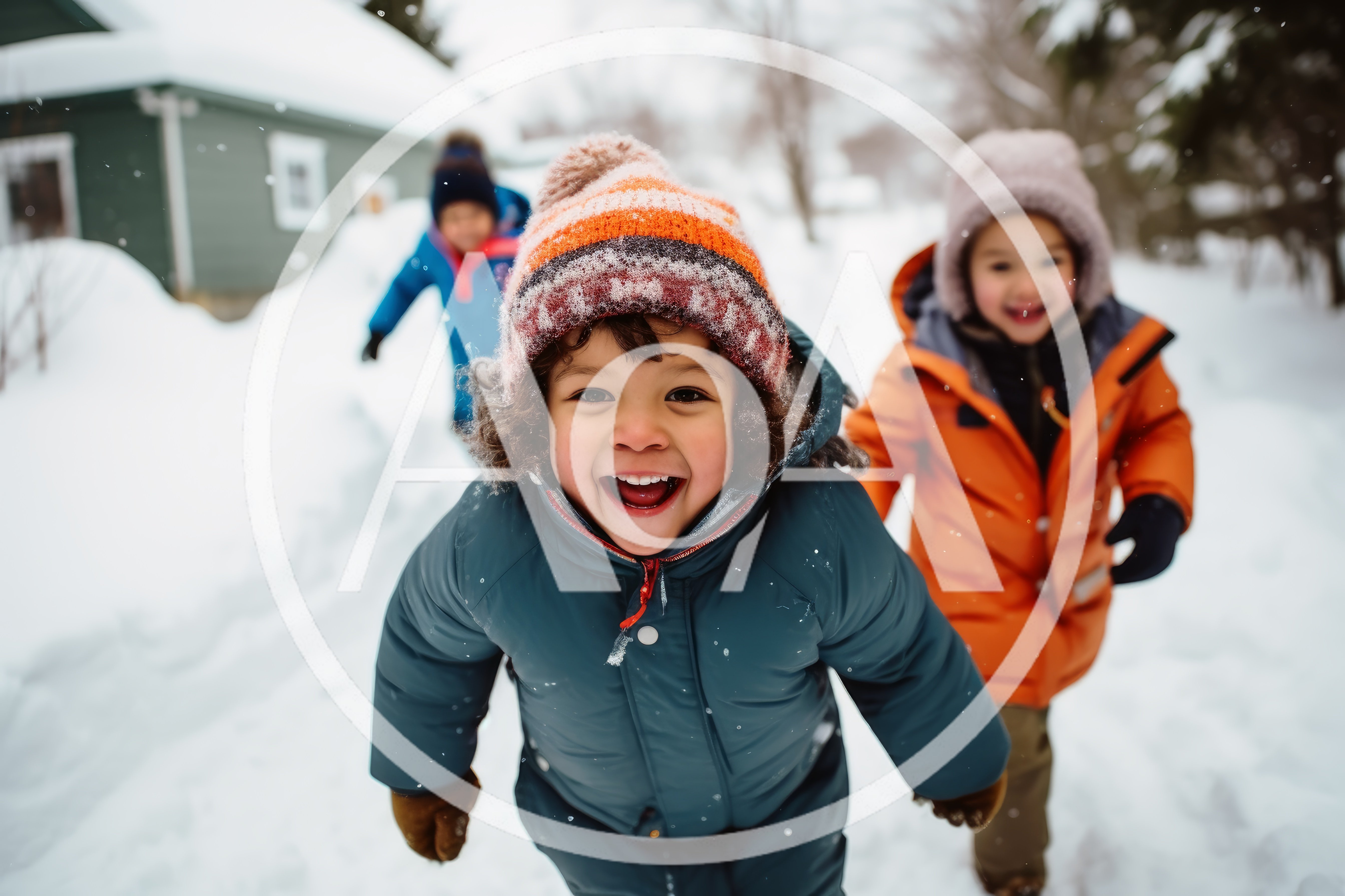 Happy Children Playing Outdoors In The Snow