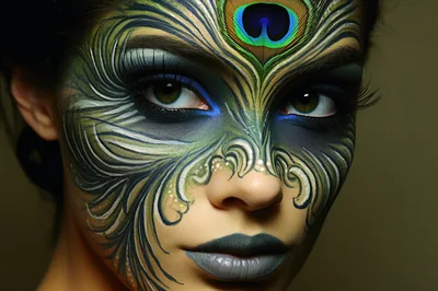 Close Up Portrait Of Woman With Peacock Feather Makeup