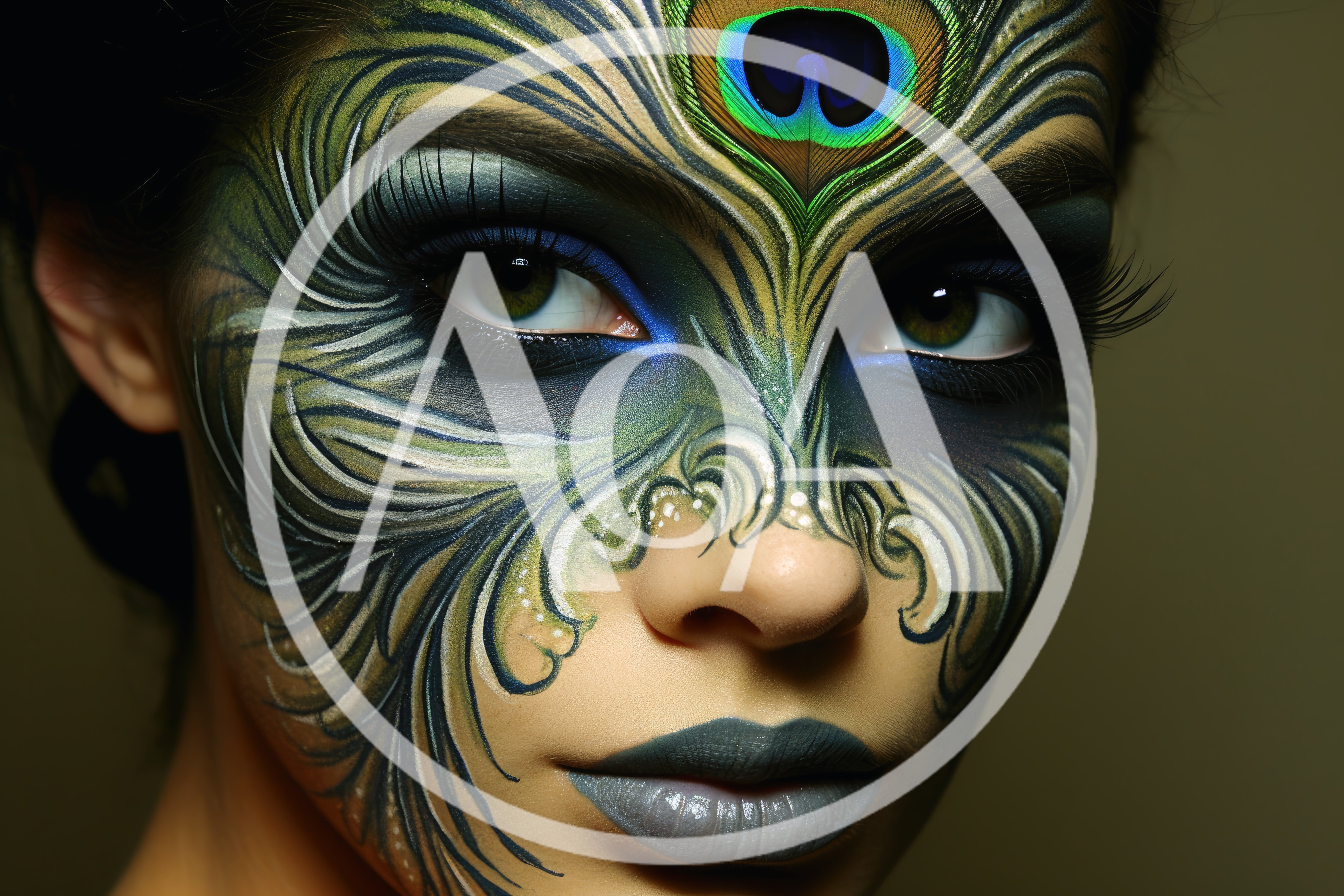 Close Up Portrait Of Woman With Peacock Feather Makeup
