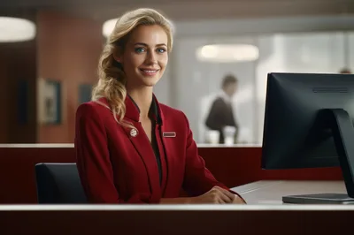 Professional Female Receptionist Working at Office Desk