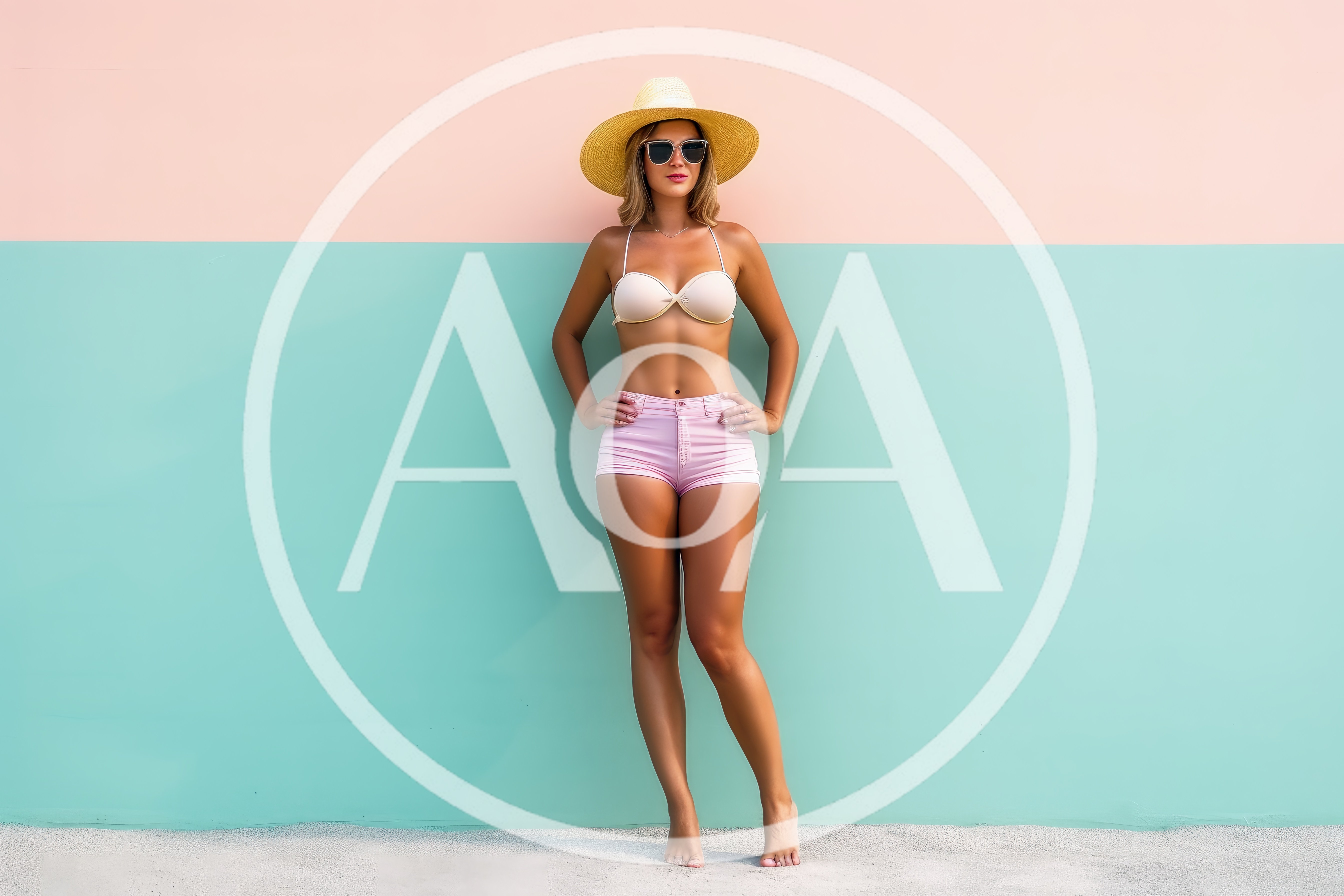 Woman In Bikini And Shorts Posing Against Pastel Wall