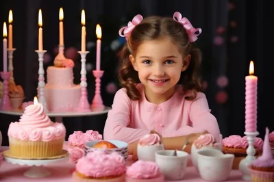 Little Girl Celebrating Birthday With Pink Cupcakes And Candles