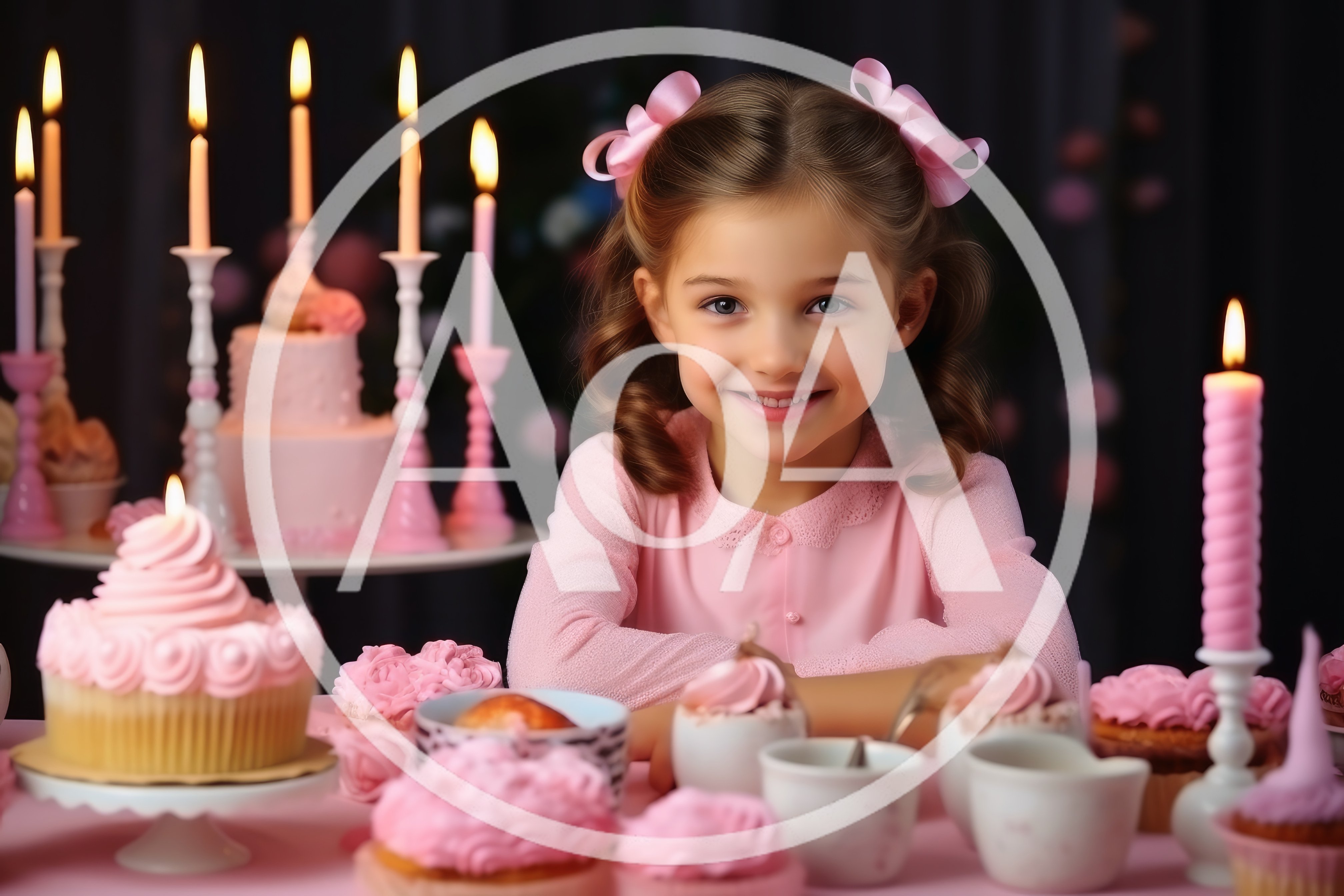 Little Girl Celebrating Birthday With Pink Cupcakes And Candles