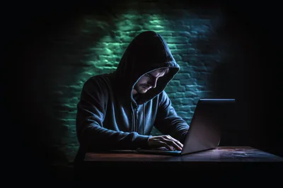 Hacker In Hoodie Working On Laptop In Dark Room