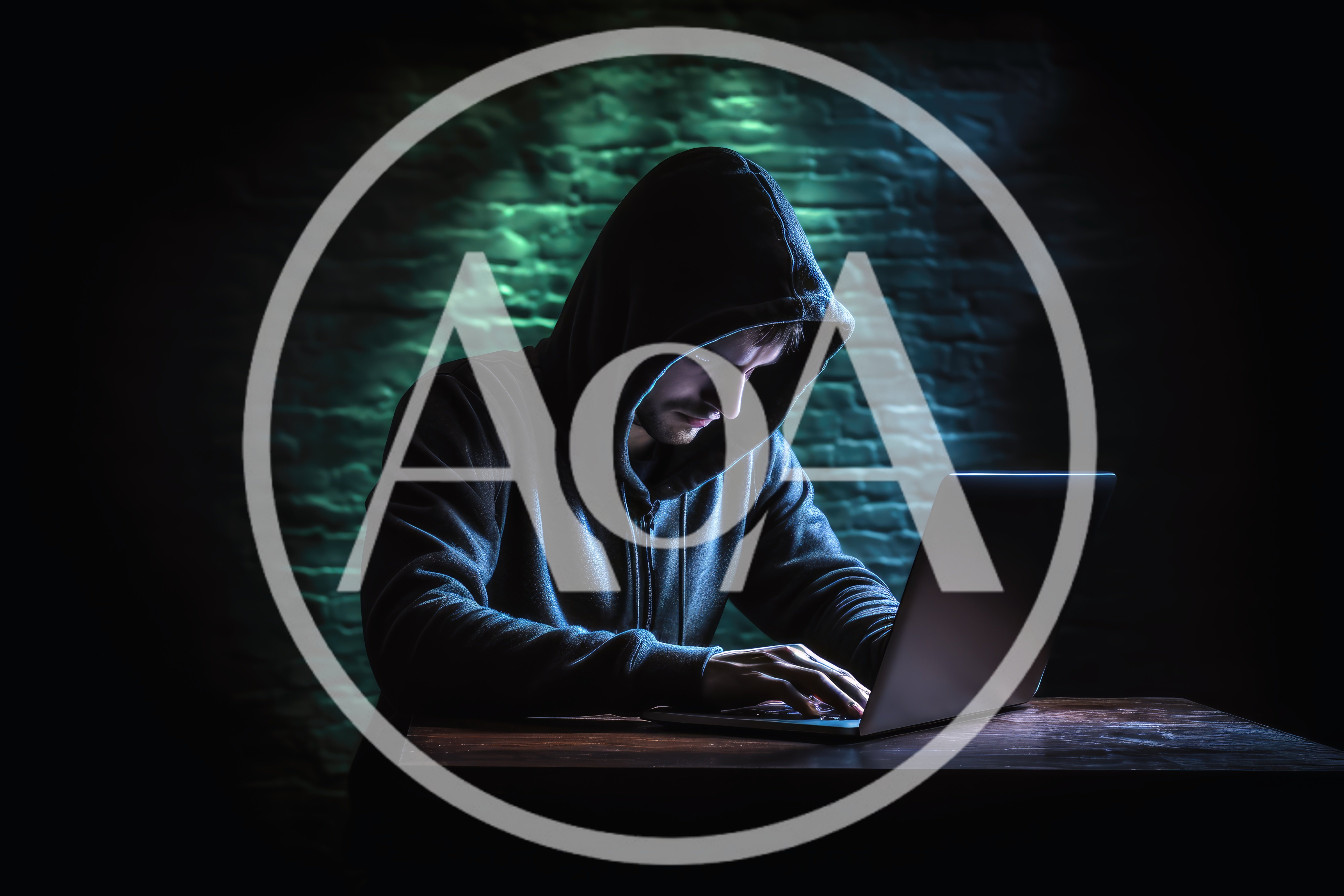 Hacker In Hoodie Working On Laptop In Dark Room