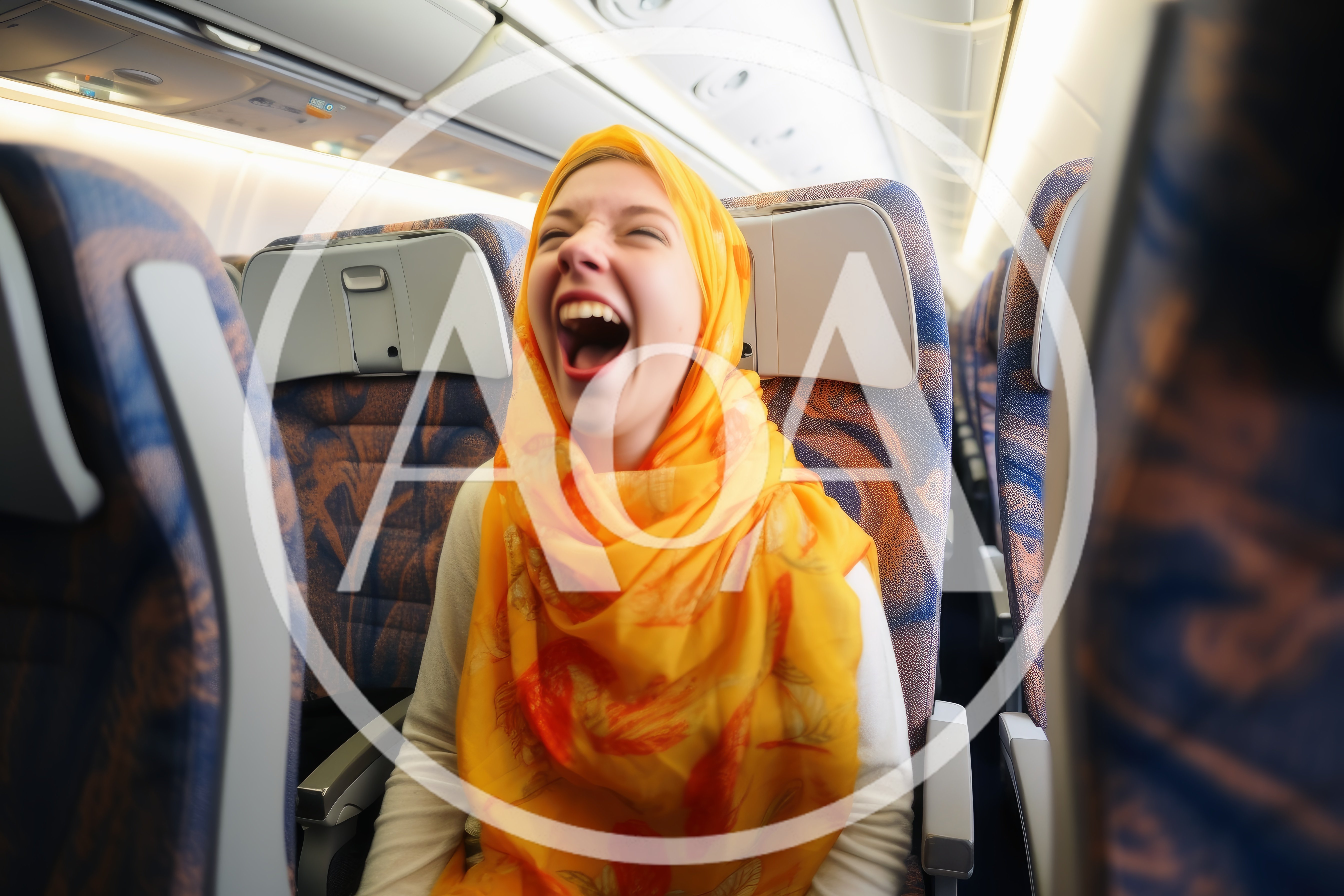 Young Woman Laughing Loudly In Airplane Seat