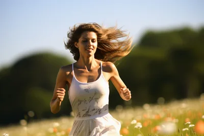 Young Woman Running Through A Sunny Wildflower Meadow