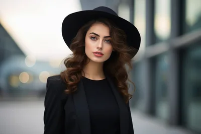 Elegant Young Woman Wearing A Black Fedora Hat