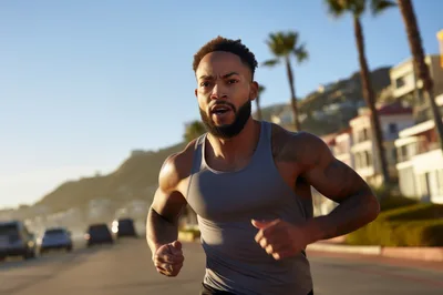 Athletic Man Running Along A Sunny Coastal Road