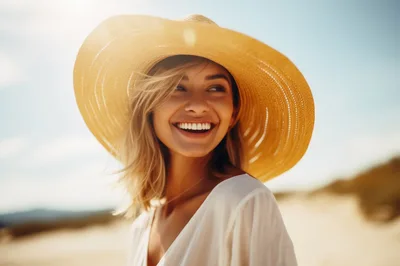 Smiling Woman Wearing A Straw Hat On A Beach