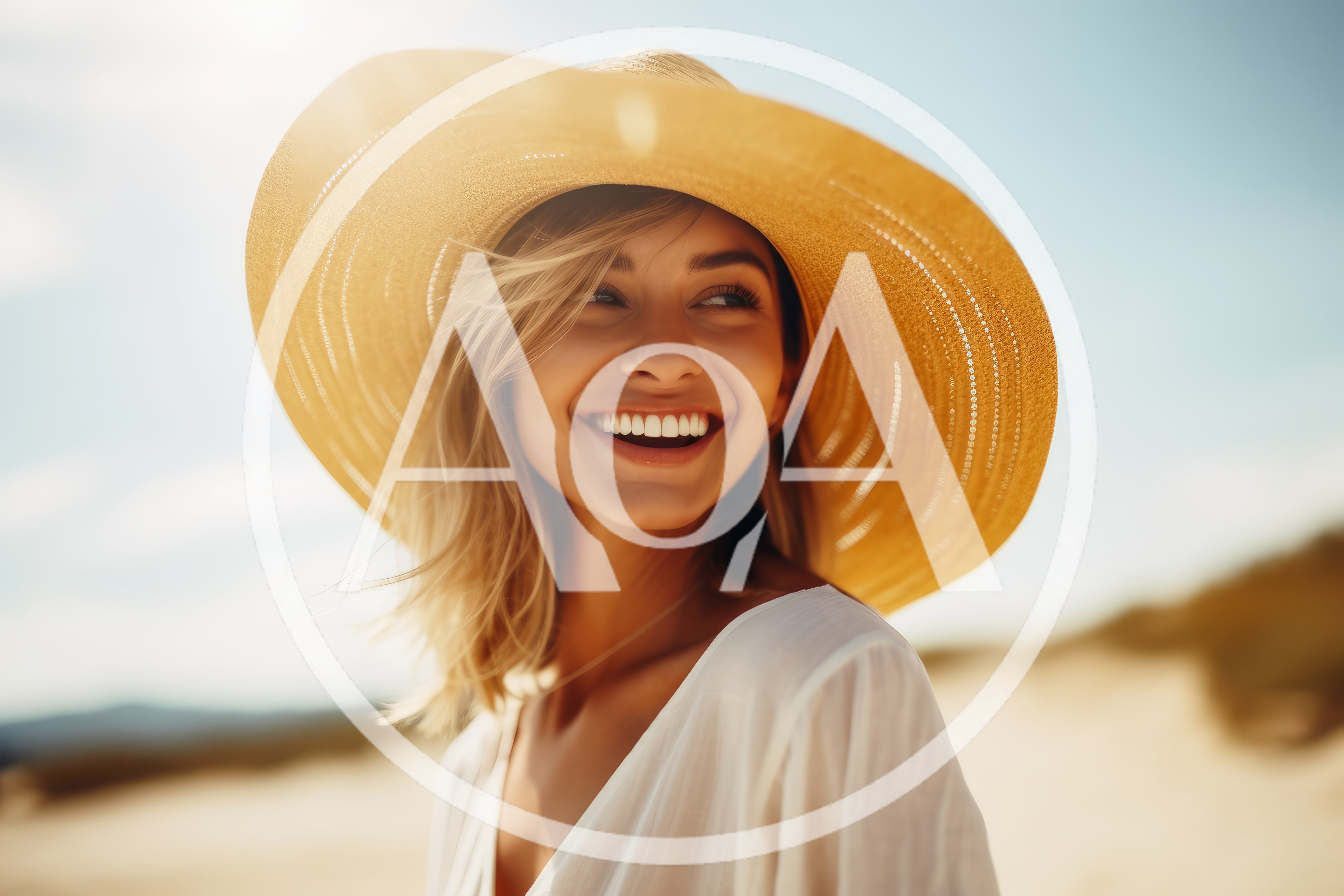 Smiling Woman Wearing A Straw Hat On A Beach