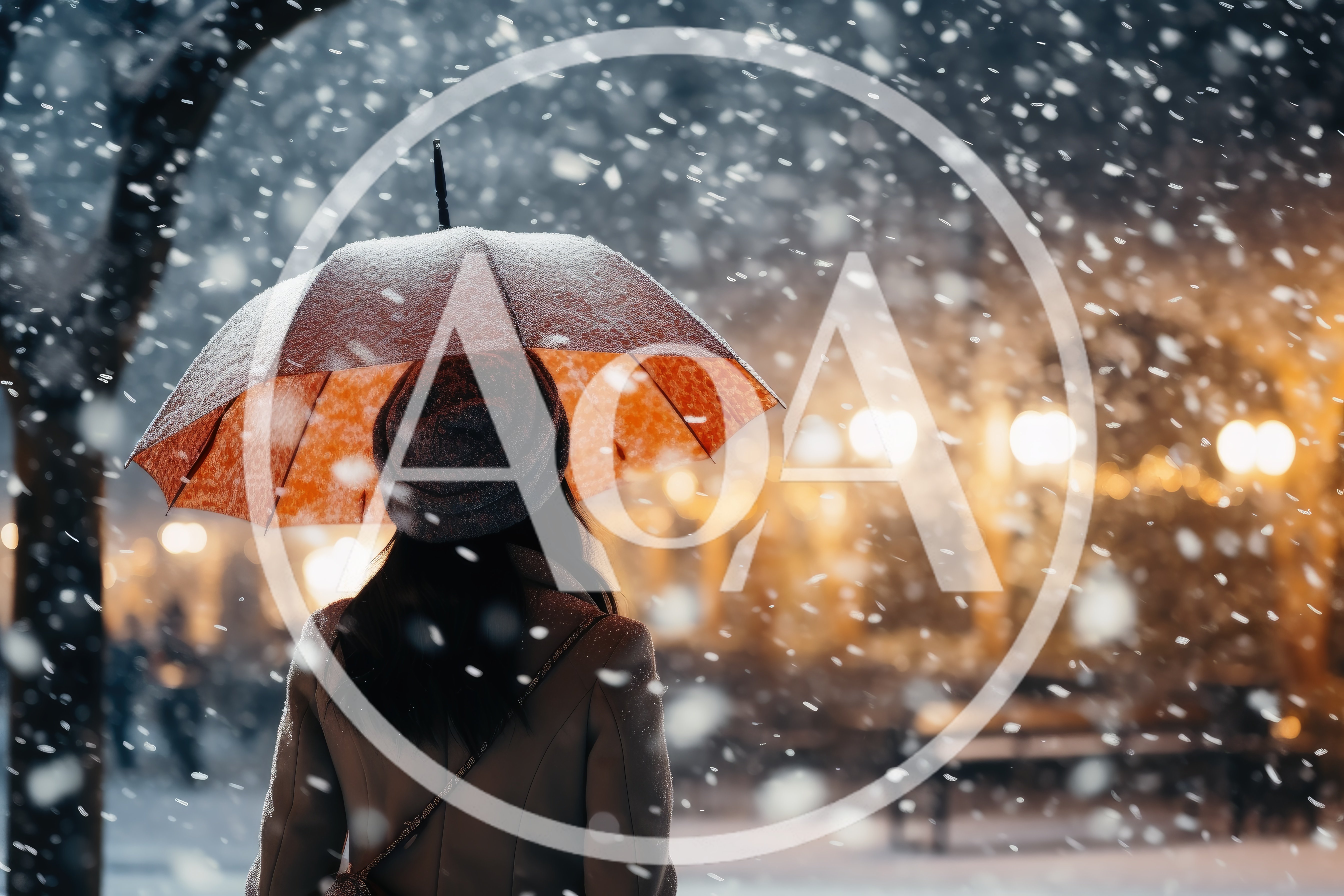 Woman Standing Under Orange Umbrella During Heavy Snowfall