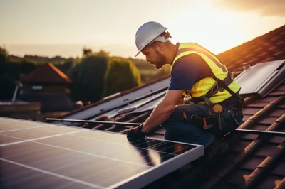 Solar Panel Technician Installing Equipment On Residential Roof