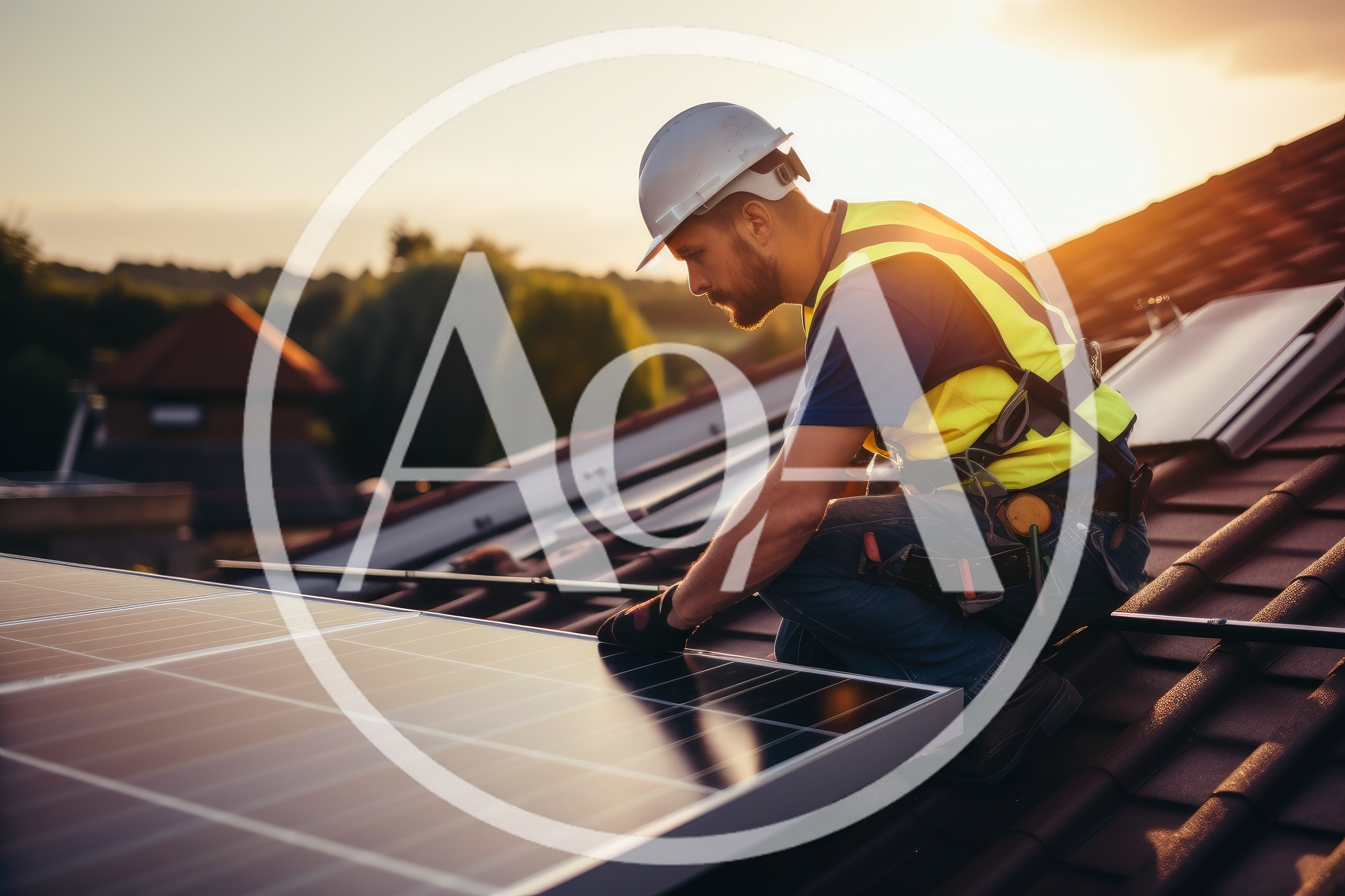 Solar Panel Technician Installing Equipment On Residential Roof