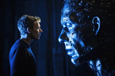 Man Facing Large Futuristic Artificial Intelligence Robot Head